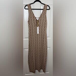 House of Harlow Geo Knit Ring Front Midi Dress Brown & Cream Geometric Medium
